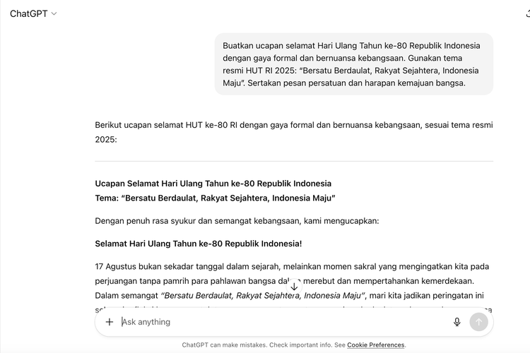17 Agustus, chatGPT, Ucapan selamat Hari Kemerdekaan Indonesia, Ucapan HUT ke-80 RI, selamat HUT ke-80 RI, ucapan Dirgahayu RI, Cara Membuat Ucapan HUT ke-80 RI Otomatis via ChatGPT dan Contoh Prompt