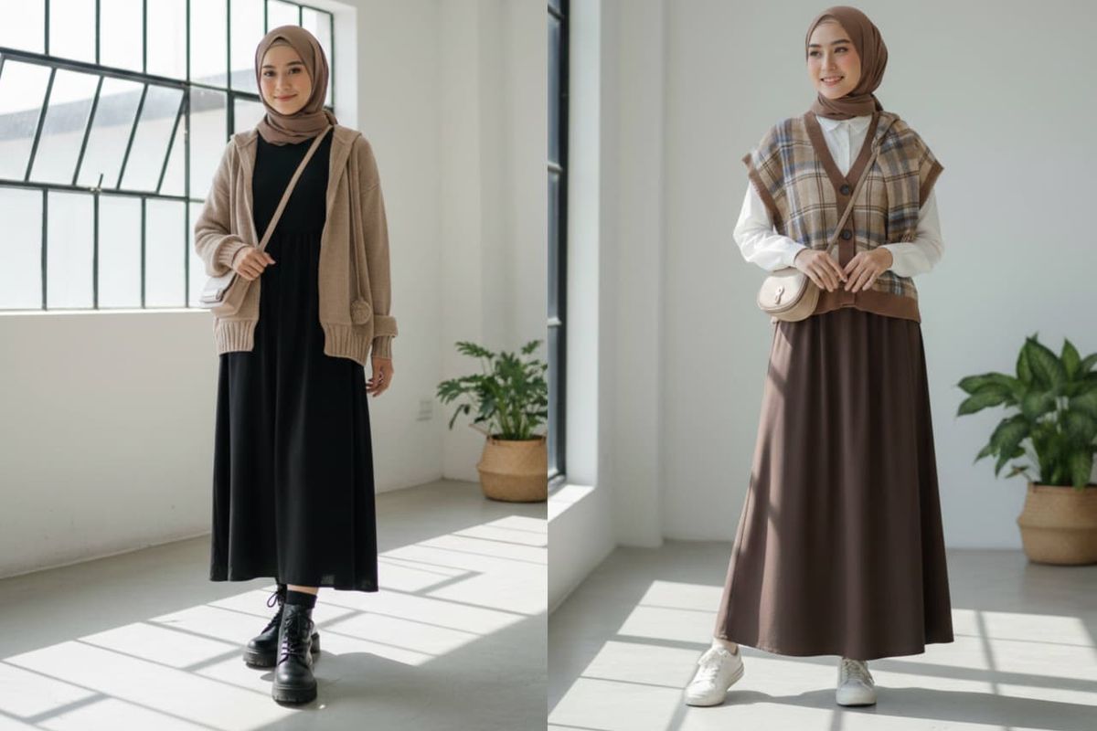 5 Inspirasi Outfit Bukber Serba Coklat yang Hijab Friendly, 1. Perpaduan manis kardigan rajut dan gaun hitam, 2. Tampil "preppy" dengan kardigan kopi dan rok motif plaid, 3. Tampil santai dengan rompi rajut dan sneakers putih, 5. Layering simpel kardigan putih dan rok coklat tua