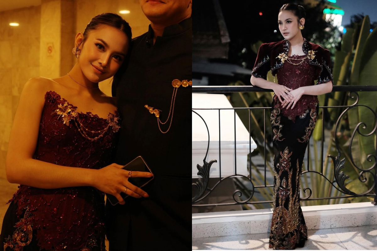 Mahalini Raharja, ngunduh mantu Al Ghazali dan Alyssa, mahalini raharja, ngunduh mantu al ghazali dan alyssa, mahalini di ngunduh mantu al ghazali dan alyssa, Glamor dan Elegan, Intip Detail Look Mahalini di Ngunduh Mantu Al Ghazali dan Alyssa, Terinspirasi dari Jawa klasik yang dipadukan dengan sentuhan modern, Mengenakan bustier maroon yang disulam rumit, Rok beludru hitam, Bolero beludru, Riasan soft glam