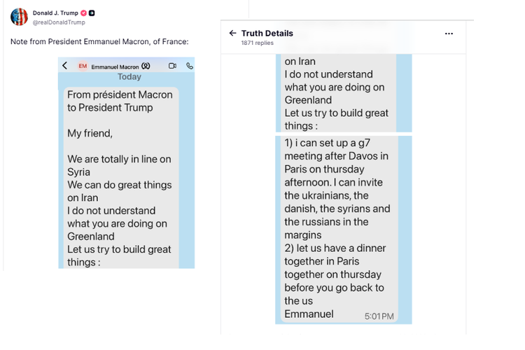 Donald Trump, chat, NATO, Mark Rutte, Truth Social, Trump, diplomasi, media sosial, Presiden Macron, Trump Umbar Chat Pribadinya dengan Presiden Macron dan Sekjen NATO ke Medsos, Bahas Isu Greenland