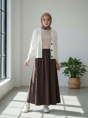 5 Inspirasi Outfit Bukber Serba Coklat yang Hijab Friendly, 1. Perpaduan manis kardigan rajut dan gaun hitam, 2. Tampil "preppy" dengan kardigan kopi dan rok motif plaid, 3. Tampil santai dengan rompi rajut dan sneakers putih, 5. Layering simpel kardigan putih dan rok coklat tua