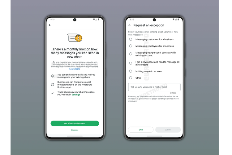 Android, spam, fitur baru, WhatsApp, chat WA, fitur baru WA, wa beta, New Chat Message Limit, batas pesan, WhatsApp Bakal Terapkan Kuota Bulanan, Cegah Chat Spam Masuk