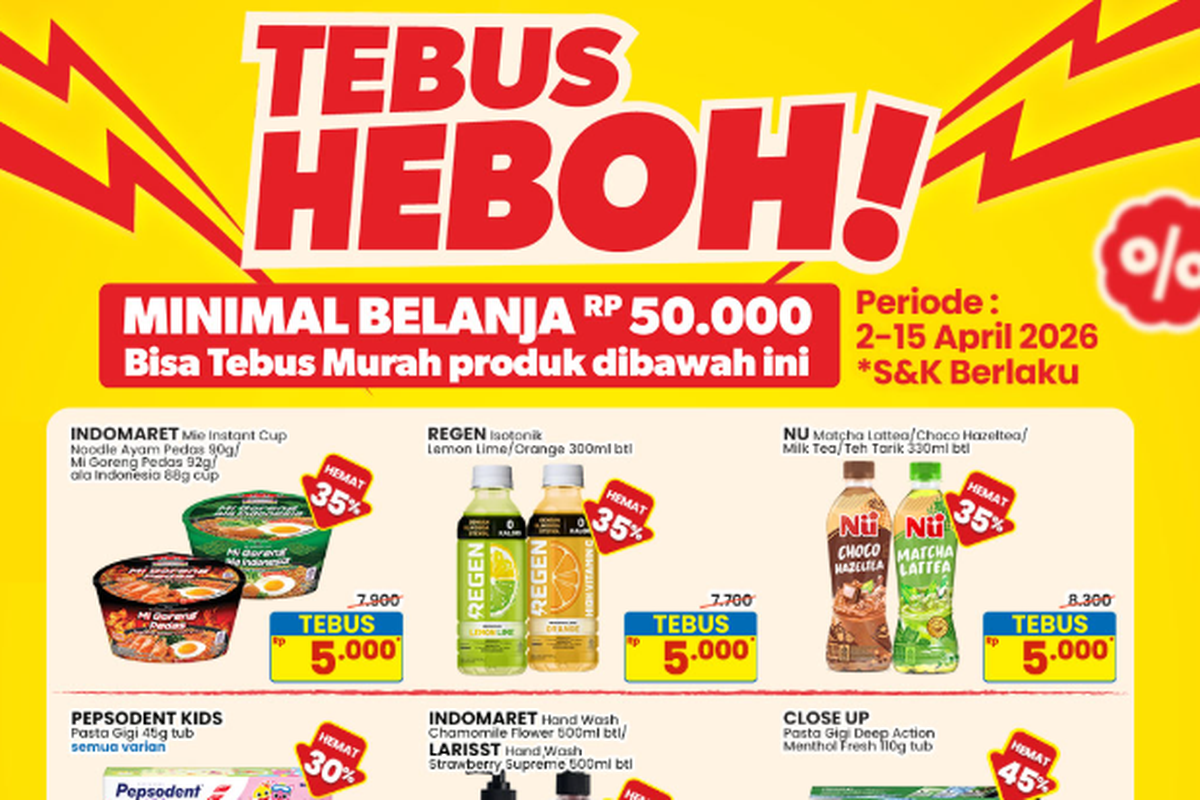 promo Indomaret hari ini, Promo Indomaret Hari Ini 11 April 2026, Tebus Heboh Camilan dan Minuman Mulai Rp 5.000-an, Makanan dan minuman (2-15 April 2026), Kebutuhan ibu dan anak (2-15 April 2026), Harga member (9-15 April 2026), Paling murah (9-15 April 2026), Promo 4 hari (9-12 April 2026), Hemat minggu ini (9-15 April 2026), Tebus heboh (2-15 April 2026), Harga spesial (7-20 April 2026), Promo hemat susu (2-15 April 2026)