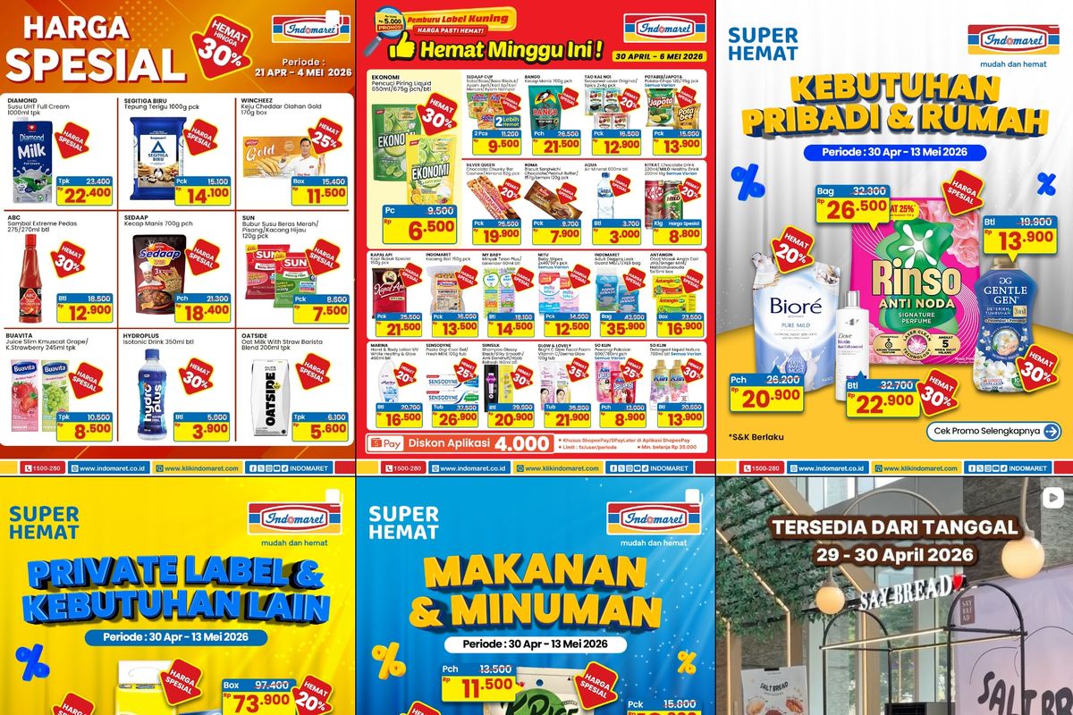 Indomaret, diskon Indomaret, promo Indomaret, Promo Indomaret Hari Ini 30 April 2026, Kebutuhan Pribadi Diskon 30 Persen, 1. Harga Spesial (hingga 4 Mei), 2. Paling Murah (hingga 6 Mei), 3. Hemat Minggu Ini (hingga 6 Mei), 4. Harga Spesial Hemat hingga 30% (hingga 4 Mei), 5. Super Hemat Kebutuhan Pribadi &amp; Rumah (hingga 13 Mei)