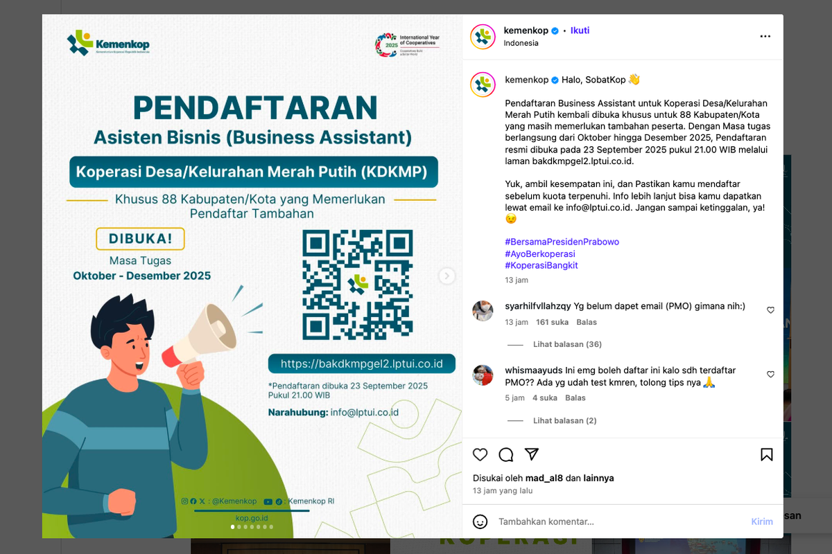 lowongan kerja kemenkop 2025, asisten bisnis kemenkop, rekrutmen koperasi desa merah putih, lowongan kerja usia 55 tahun, Cara daftar Kemenkop online, Formasi Asisten Bisnis 2025, Lowongan kerja koperasi daerah, Syarat pendaftaran Kemenkop 2025, Lowongan Kerja Kemenkop 2025: Usia 55 Tahun Masih Bisa Daftar Jadi Asisten Bisnis, Dibuka di 88 Kabupaten/Kota, Tugas dan masa kerja asisten bisnis, Syarat umum pendaftaran, Syarat khusus berdasarkan latar belakang, Lokasi lowongan 88 kabupaten/kota, Tahapan seleksi rekrutmen, Jadwal lengkap rekrutmen