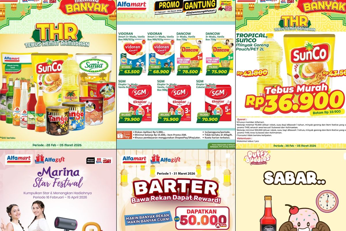 Alfamart, promo Alfamart, Promo Alfamart Hari Ini 5 Maret 2026, Masih Ada Promo Minyak Goreng Harga Murah, 1. Tebus Murah Ramadhan Menang Banyak (hari ini terakhir), 2. Minyak Goreng Hemat (hari ini terakhir), 3. Promo Gantung (hari ini terakhir), 4. Paling Murah Sejagat (hari ini terakhir), 5. Promo Tebus Murah (hingga 15 Maret), 6. Tebus Hemat Ramadhan (hari ini terakhir), 7. Dapur Alfamart (hingga 15 Maret)