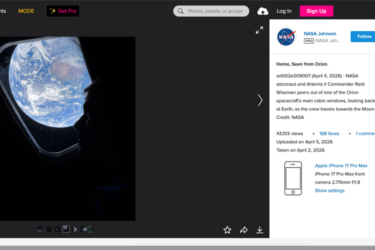 iPhone, Artemis II, astronot, NASA, iPhone 17 Pro Max, Foto Bumi Bulat Dijepret Kamera Depan iPhone 17 Pro Max dari Luar Angkasa