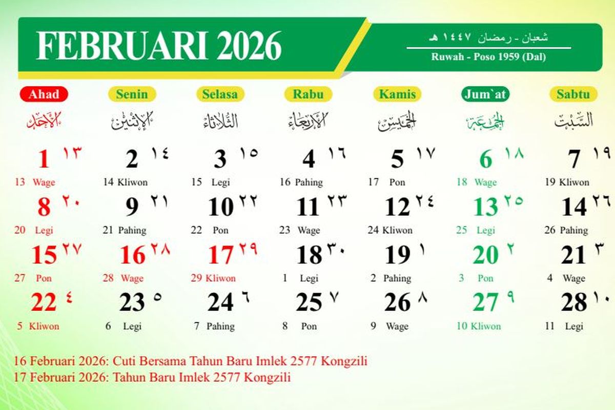 long weekend Februari 2026, kalender Februari 2026, Kalender Februari 2026 Lengkap: Tanggal Libur Imlek, Cuti Bersama dan Hari Besar Nasional