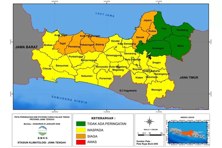 BMKG, Pantura, hujan lebat, BMKG Tetapkan Status Siaga Hujan Lebat di Sebagian Wilayah Pantura Jateng
