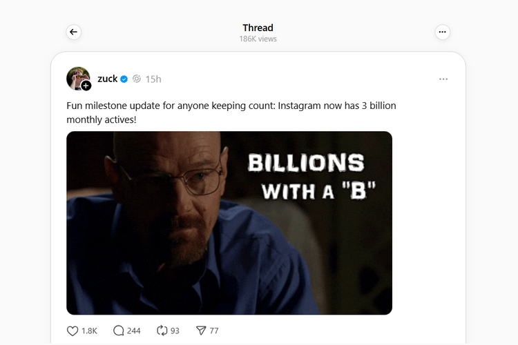 Facebook, Mark Zuckerberg, instagram, WhatsApp, Meta, Reels, Threads, DM IG, 3 miliar pengguna, monthly active users, Instagram Tembus 3 Miliar Pengguna, Susul Facebook dan WhatsApp