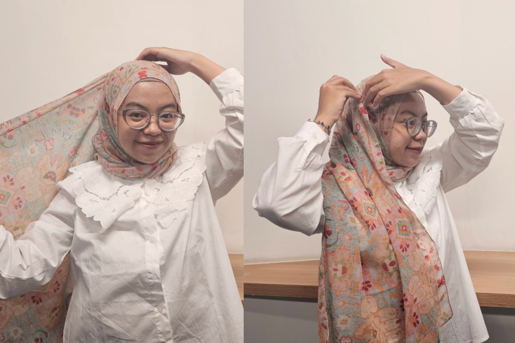Tutorial Hijab Pashmina untuk Lebaran 2026, Cocok buat Wajah Bulat, 1. Letakkan pashmina dengan satu sisi lebih panjang, 2. Ambil sisi pendek dan tarik ke atas kepala, 3. Ambil sisi panjang dan tarik ke arah berlawanan, 4. Biarkan ujung kain jatuh ke depan