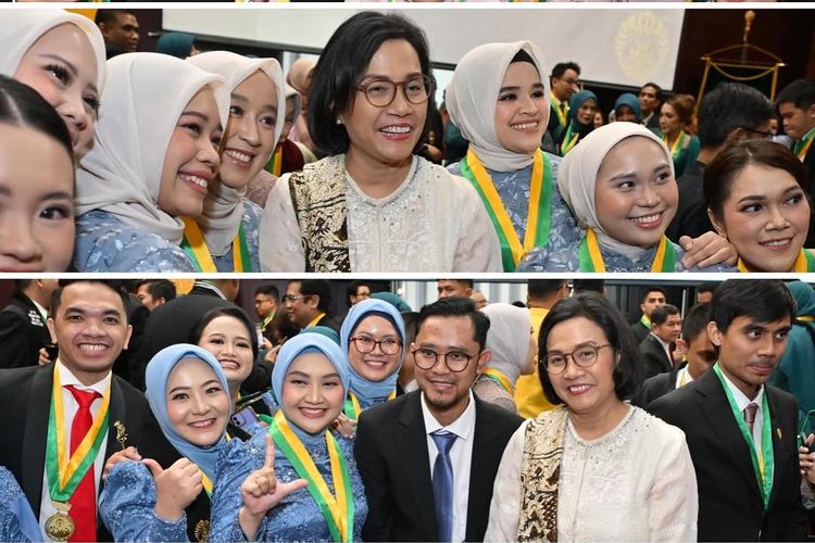 Sri Mulyani, sri mulyani fashion, sri mulyani hadir di wisuda anak, anak sri mulyani, adwin haryo indrawan, 7 Style Sri Mulyani saat Hadiri Wisuda Anak, Kenakan Tunik dan Batik, 1. Tunik putih tulang, 2. Aksen brokat dan renda yang halus, 3. Kain batik bernuansa cokelat, 4. Selendang batik, 5. Heels nude pumps, 6. Rambut bob signature, 7. Aksesori minimalis
