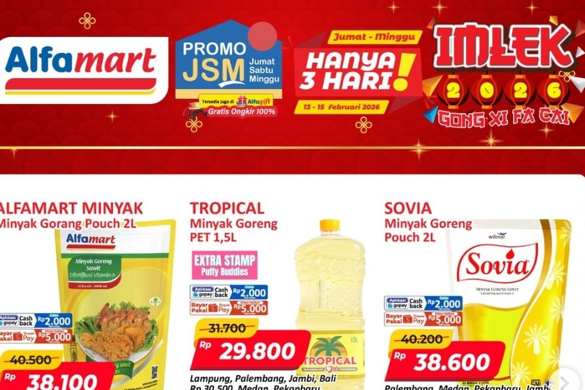 Alfamart, promo Alfamart, Promo Alfamart Hari Ini 14 Februari 2026, Minyak Goreng Kembali Turun Harga di Promo JSM, 1. Candy Fair (hingga 15 Februari), 2. Promo JSM (hingga 15 Februari), 3. Paling Murah Sejagat (hingga 19 Februari), 4. Cemilan Hemat (hingga 15 Februari), 5. Chocolate Fair (hingga 15 Februari), 6. Powder Milk Fair (hingga 15 Februari), 7. Siap Santap Hemat Mantap (hingga 15 Februari), 8. Munggahan Fair (hingga 15 Februari)
