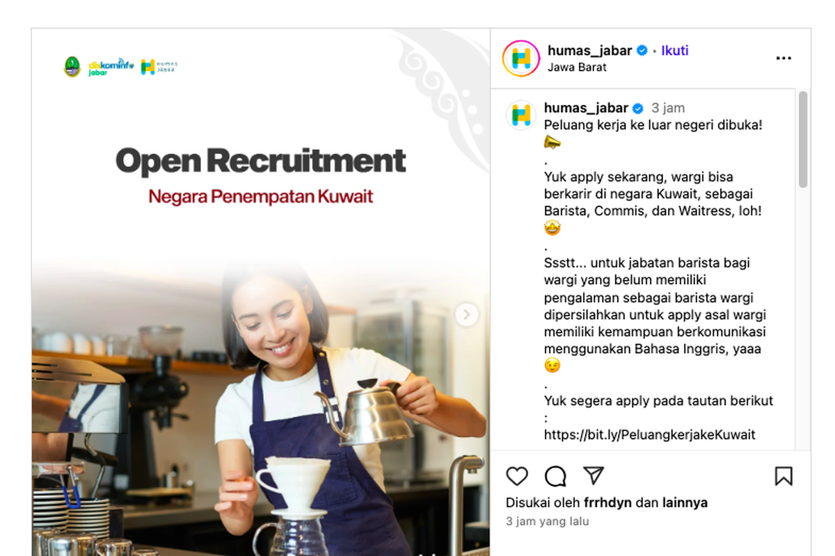 lowongan kerja kuwait 2025, Loker barista Kuwait gaji 10 juta, Cara daftar kerja ke Kuwait 2025, Lowongan waitress Kuwait September 2025, Lowongan commis Kuwait Pemprov Jabar, Benefit kerja di Kuwait 2025, Link daftar loker Kuwait humas Jabar, Jadwal seleksi kerja Kuwait 2025, Daftar Segera! Pemprov Jabar Buka Lowongan Kerja ke Kuwait, Gaji hingga Rp 10 Juta, Ini Linknya, Jadwal pendaftaran dan seleksi, Syarat lowongan kerja Kuwait 2025, Benefit yang ditawarkan, Cara daftar dan link resmi