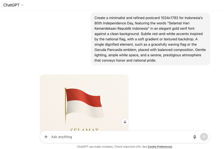 chatGPT, HUT ke-80 RI, Gambar Hari Kemerdekaan Indonesia, Gambar HUT ke-80 RI, Gambar Dirgahayu RI, Cara Membuat Gambar HUT ke-80 RI Otomatis via ChatGPT dengan Mudah