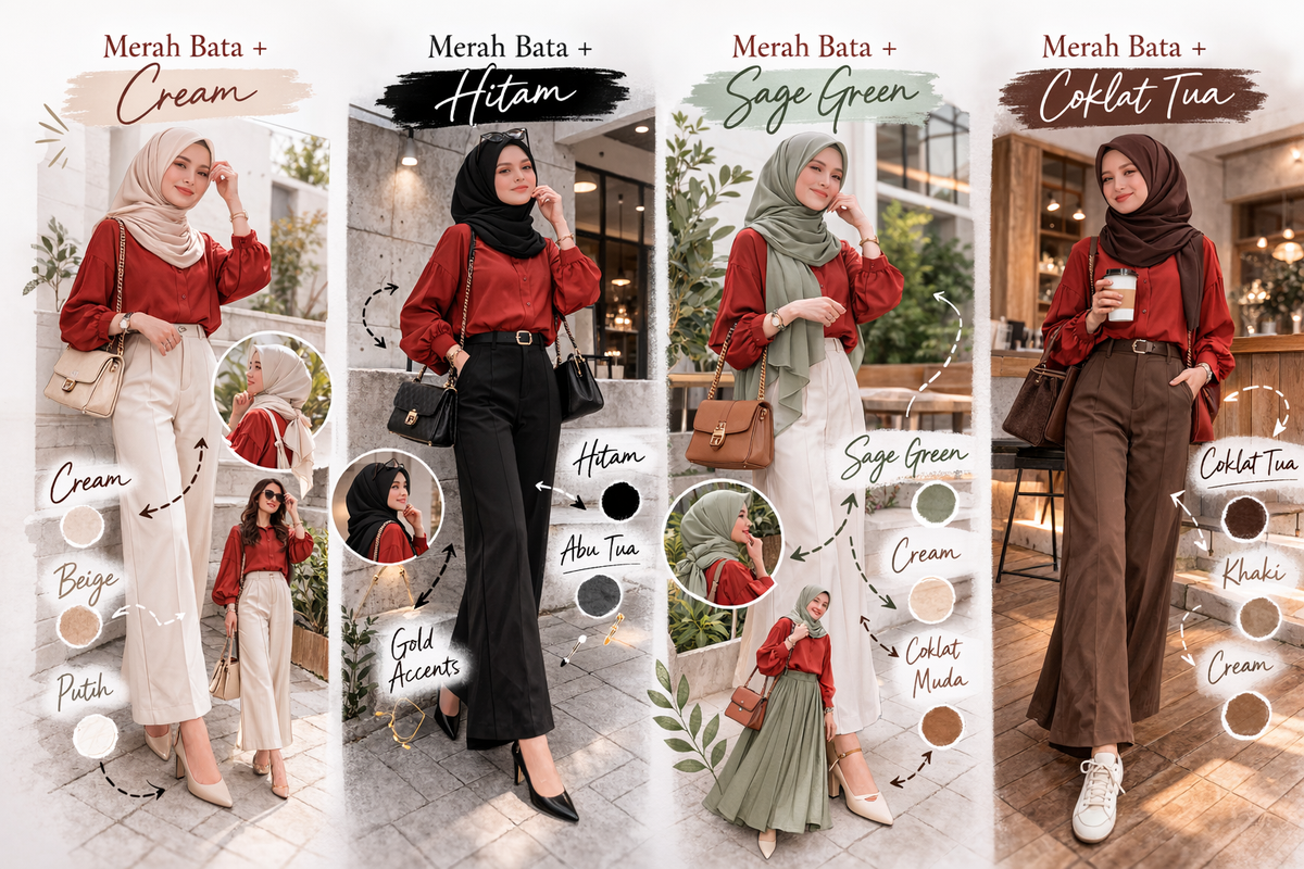 merah bata cocok dengan warna apa, Merah Bata Cocok dengan Warna Apa? Ini 10 Kombinasi Terbaiknya, Merah Bata Cocok dengan Warna Apa?, Kombinasi Warna Netral yang Aman, Kombinasi Earth Tone yang Serasi, Kombinasi Warna Kontras yang Stylish, Baju Merah Bata Cocok dengan Jilbab Warna Apa?, Tips Padu Padan Outfit Merah Bata agar Tidak Terlihat Kusam