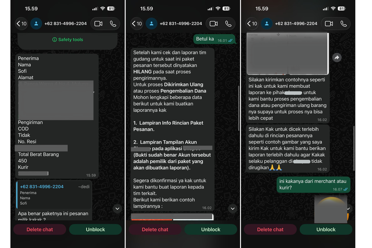 WhatsApp, kurir, paket hilang, penipuan, modus penipuan, Saya Nyaris Tertipu Chat WA soal Paket Hilang, Begini Modusnya, Kronologi dan modus penipuan, Pola modus, Ramai di TikTok, Bukan modus baru, Ciri-ciri modus penipuan barang hilang, Tips menghindari modus penipuan paket hilang via WhatsApp