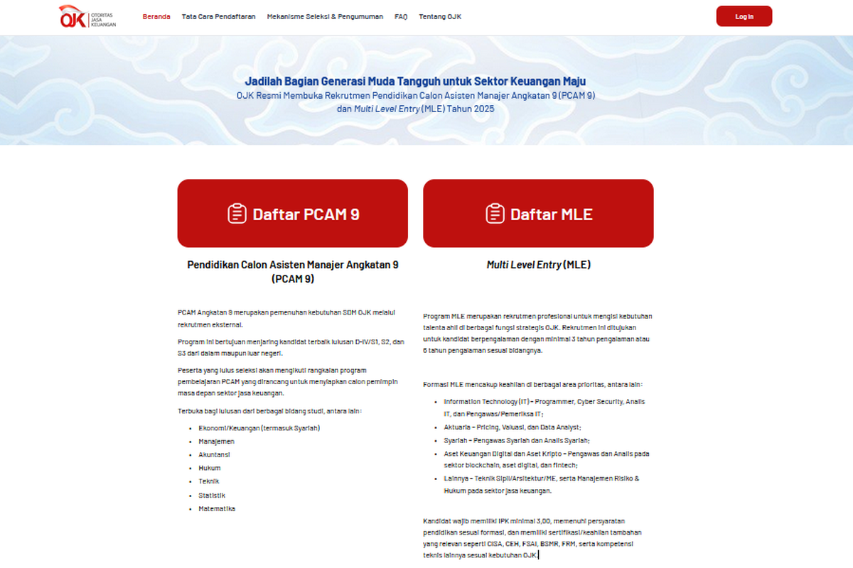 otoritas jasa keuangan, lowongan kerja OJK, rekrutmen ojk 2025, rekrutmen ojk pcam 9, Mau Berkarier di OJK? Rekrutmen PCAM 9 dan MLE 2025 Sudah Dibuka, Ini Cara Daftar dan Syaratnya, Apa Itu Program PCAM 9 dan MLE?, Apa Saja Persyaratan PCAM OJK 9?, Apa Saja Persyaratan MLE OJK 2025?, Bagaimana Cara Mendaftar Rekrutmen PCAM OJK?