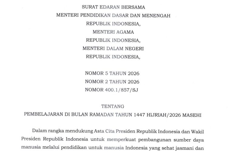 Ini Jadwal Belajar dan Libur Sekolah Selama Ramadhan 2026 Sesuai Surat Edaran Bersama 3 Menteri