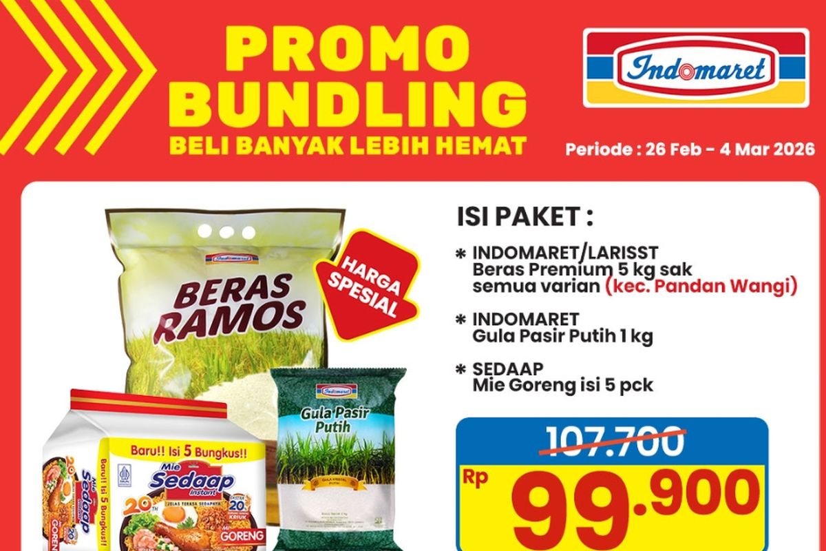 promo Indomaret, promo Indomaret hari ini, Promo Indomaret Hari Ini 27 Februari, Paket Beras Gula Mulai Rp 99 Ribuan, Promo Bundling (26 - 4 Maret 2026), Festival Ramadhan (28-4 Februari 2026), Cashback serba 5 ribu (19 Februari - 4 Maret 2026), Tebus heboh (19 Februari - 4 Maret 2026), Family weekend (27 Februari - 1 Maret 2026)