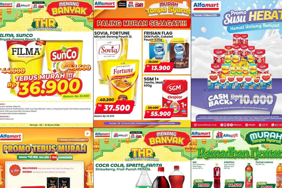 Alfamart, promo Alfamart, Promo Alfamart Hari Ini 8 Maret 2026, Minyak Goreng Sovia dan Fortune Hanya Rp 37.500, 1. Dapur Alfamart (hingga 15 Maret), 2. Tebus Murah (hingga 12 Maret), 3. Promo Ramadhan, 4. Paling Murah Sejagat (hingga 12 Maret), 5. Murah Tanpa Syarat (hingga 12 Maret), 6. Cemilan Hemat (hingga 15 Maret)