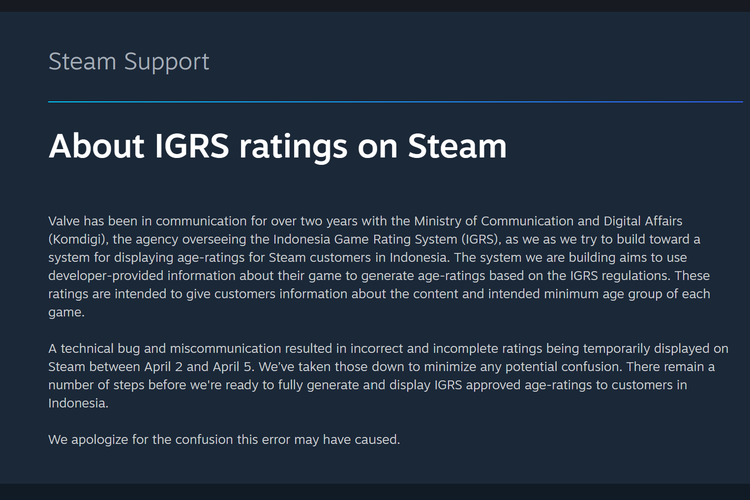 Valve, game, IGRS, Valve Buka Suara, Minta Maaf soal Kejanggalan Rating IGRS di Steam