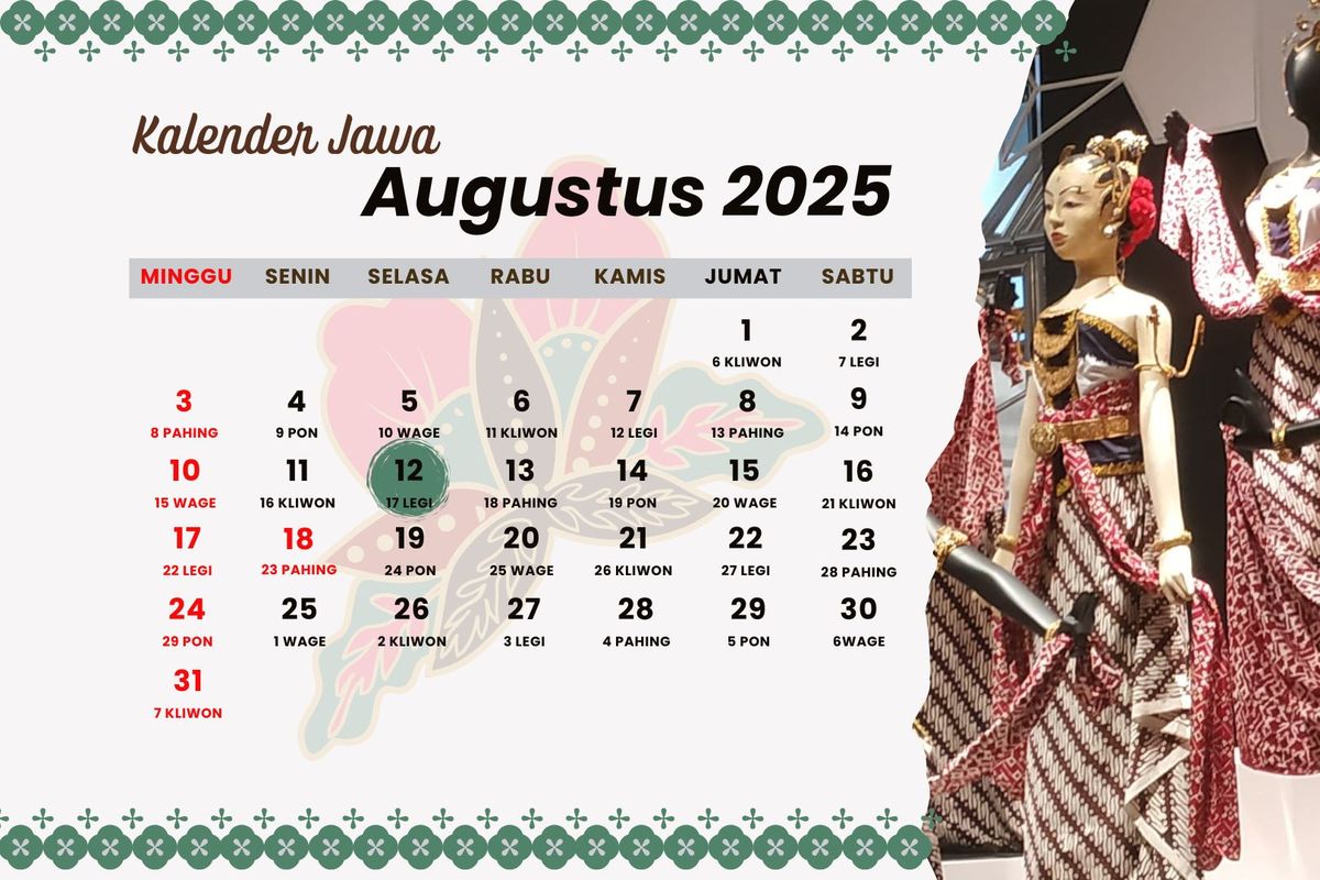 kalender jawa, Weton, kalender jawa hari ini, Selasa Legi, Kalender Jawa Hari Ini 12 Agustus 2025, Kenali Keunikan Watak Weton Selasa Legi, Kalender Jawa Hari Ini, Mengenal Weton Selasa Legi, Panduan Hitungan Weton, Neptu, dan Wuku dalam Kalender Jawa, Kalender Jawa Agustus 2025