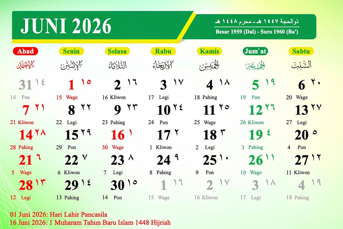 Tanggal merah, hari libur nasional, kalender Juni 2026, long weekend, Kalender Juni 2026: Daftar Lengkap 6 Tanggal Merah dalam Sebulan