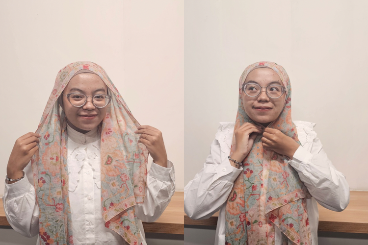 Tutorial Hijab Pashmina untuk Lebaran 2026, Cocok buat Wajah Bulat, 1. Letakkan pashmina dengan satu sisi lebih panjang, 2. Ambil sisi pendek dan tarik ke atas kepala, 3. Ambil sisi panjang dan tarik ke arah berlawanan, 4. Biarkan ujung kain jatuh ke depan