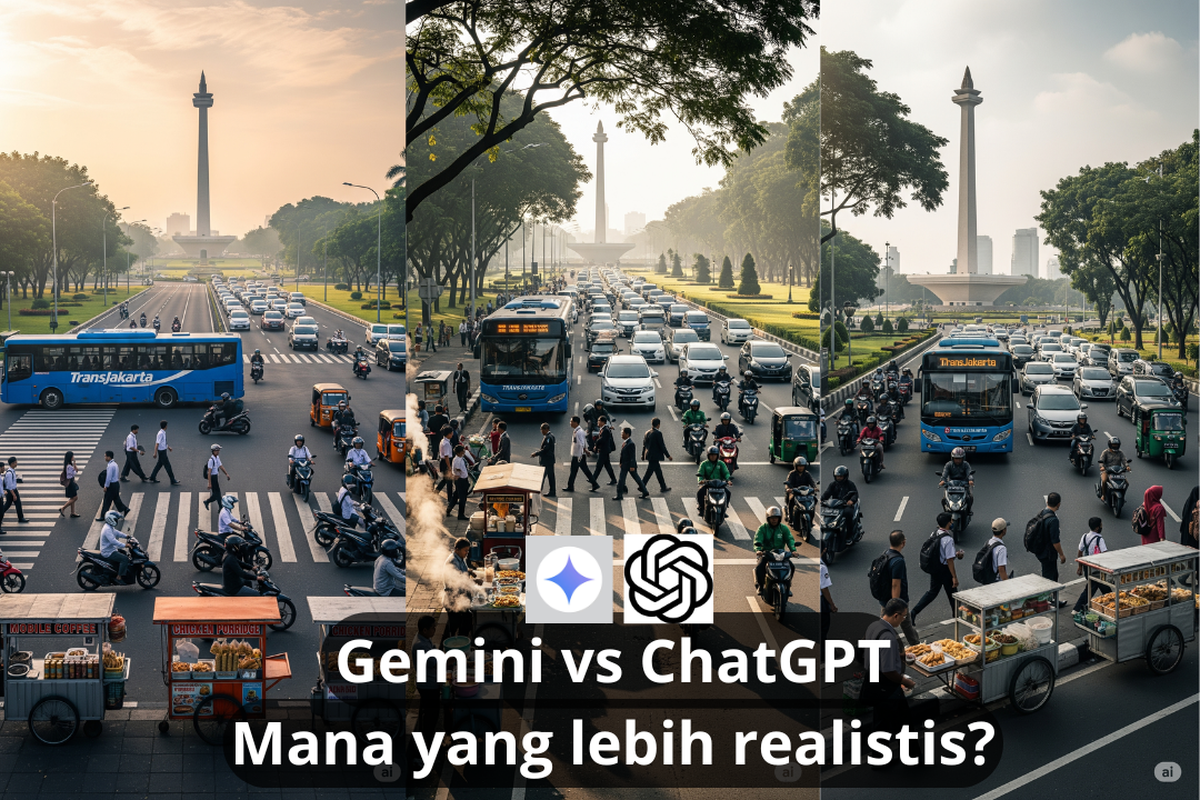 gemini, chatGPT, GPT 5, gemini 2 5 flash, uji coba AI, Jakarta di mata AI, Adu Canggih GPT-5 Vs Gemini 2.5 Flash Menggambar Jakarta, Mana yang Lebih Realistis?, 1. Menggambar Jakarta di jam sibuk pagi hari, 2. Suasana malam hari di sekitar kawasan Bundaran HI, 3. Kota Tua Jakarta dan Ragam Aktivitasnya, 5. Jakarta di masa depan