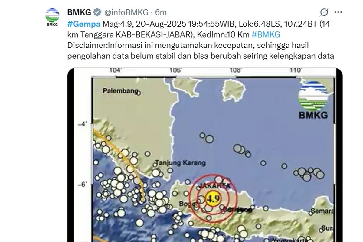 BMKG, Bekasi, gempa bekasi, gempa bekasi hari ini, gempa 20 agustus, bmkg bekasi gempa hari ini, gempa terkini bekasi, Gempa Magnitudo 4,9 Bekasi Terasa hingga Jakarta, Depok, Tangerang, dan Purwakarta