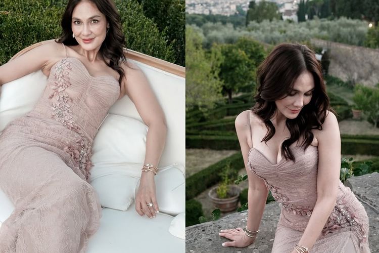 Luna Maya, gaya luna maya, pernikahan millane fernandez, 8 Gaya Luna Maya di Pernikahan Millane Fernandez, Anggun dengan Gaun Dusty Pink, 1. Rambut soft waves belah samping, 2. Riasan soft glam bernuansa nude, 3. Perhiasan minimalis, 5. Gaun gaya kolom, 6. Tekstur renda floral, 7. Heels, 8. Match dengan Maxime Bouttier