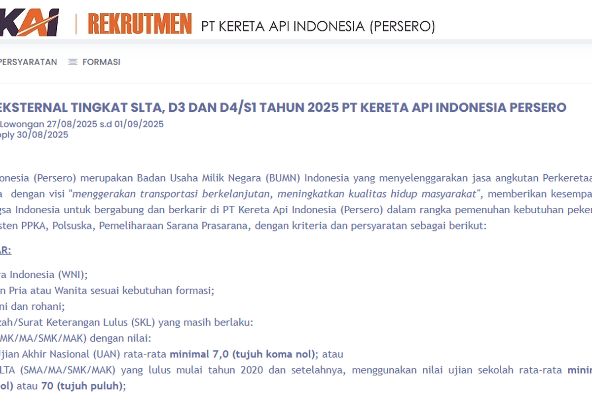PT KAI, rekrutmen KAI, rekrutmen KAI 2025, Link Pendaftaran Rekrutmen KAI 2025, Formasi Rekrutmen KAI 2025, Pengumuman Hasil Seleksi Rekrutmen KAI 2025, Rekrutmen KAI 2025: Tahapan Seleksi, Formasi, dan Link Pendaftaran , Peluang Karir di KAI, Formasi Rekrutmen KAI 2025 , Link Pendaftaran Rekrutmen KAI 2025 , Tahapan Seleksi Rekrutmen Eksternal KAI, Pengumuman Hasil Seleksi Rekrutmen KAI 2025