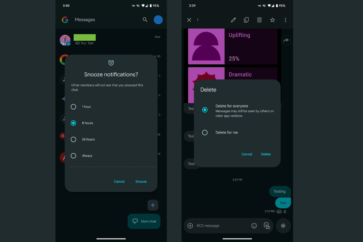 Google Messages, Android, Fitur Google Messages, snooze notifications, delete chat, Fitur 