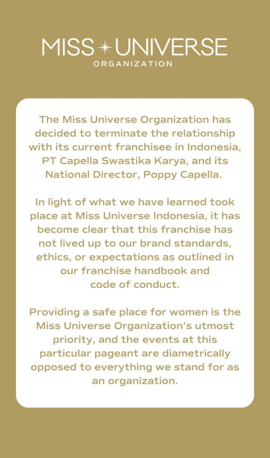 Array,Miss Universe Organization Cabut Lisensi Indonesia Imbas Kasus Pelecehan Seks