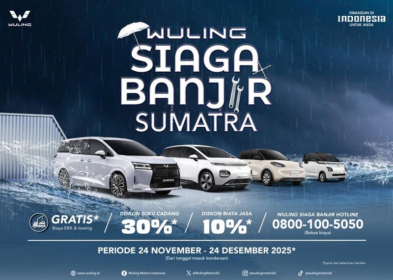 Array,Wuling Kasih Towing Gratis-Diskon Suku Cadang Buat Mobil Terdampak Banjir Sumatra
