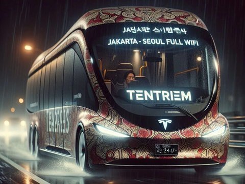 10 Potret AI yang Menggabungkan Bus Tesla dan Tentrem, Hadirkan Desain Futuristik Ala Kendaraan Masa Depan., Desain Futuristik dan Rute Tak Terduga, Kelas Ekonomi Bergaya Premium, Ambisi Jakarta–Seoul, Karoseri Tentrem Internasional, Stiker Tradisional Berlanjut, Jalur Malang–Jakarta Populer, Jendela Geser &amp; AC Modern, Busnya Orang Tegal nih