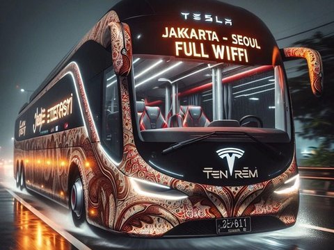 10 Potret AI yang Menggabungkan Bus Tesla dan Tentrem, Hadirkan Desain Futuristik Ala Kendaraan Masa Depan., Desain Futuristik dan Rute Tak Terduga, Kelas Ekonomi Bergaya Premium, Ambisi Jakarta–Seoul, Karoseri Tentrem Internasional, Stiker Tradisional Berlanjut, Jalur Malang–Jakarta Populer, Jendela Geser &amp; AC Modern, Busnya Orang Tegal nih