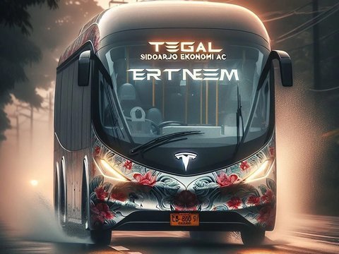10 Potret AI yang Menggabungkan Bus Tesla dan Tentrem, Hadirkan Desain Futuristik Ala Kendaraan Masa Depan., Desain Futuristik dan Rute Tak Terduga, Kelas Ekonomi Bergaya Premium, Ambisi Jakarta–Seoul, Karoseri Tentrem Internasional, Stiker Tradisional Berlanjut, Jalur Malang–Jakarta Populer, Jendela Geser &amp; AC Modern, Busnya Orang Tegal nih