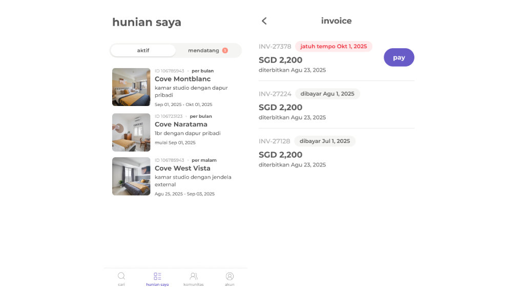 Pengelolaan hunian dalam genggaman, mulai dari pembayaran hingga kontrak , Tunjukkan siapa dirimu melalui profil publik, Kenali tetangga co-livingmu, siap berkenalan tanpa canggung, Ceritakan keseharianmu ke komunitas Cove dan nantikan reaksi mereka, Cek jadwal acara komunitas di sekitarmu, temui teman-teman baru