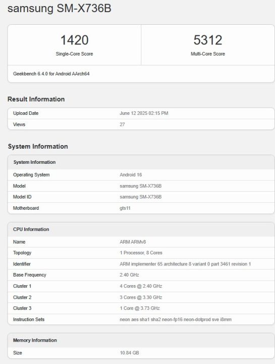 Samsung Galaxy Tab S11 Ultra benchmark geekbench