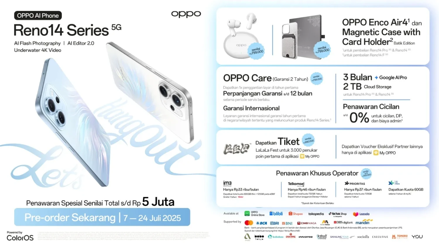 Desain Iridescent Mermaid, Unggulkan Dimensity 8450, Hadir dengan ColorOS 15 dan Fitur-Fitur AI, Preorder OPPO Reno14 Series