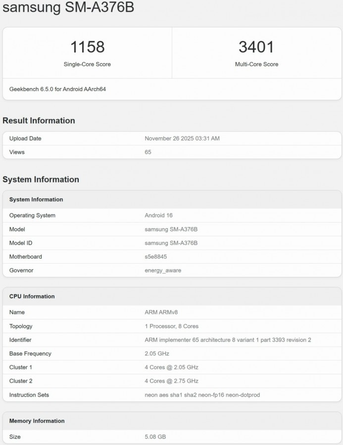Geekbench Samsung Galaxy A37