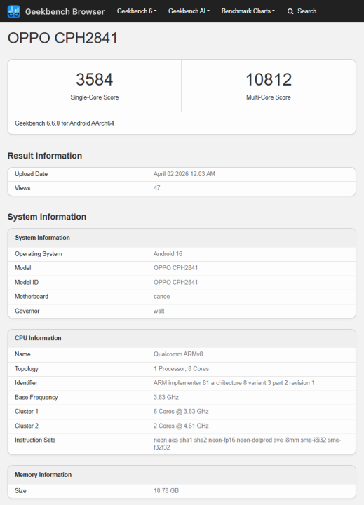 OPPO Find X9 Ultra Geekbench