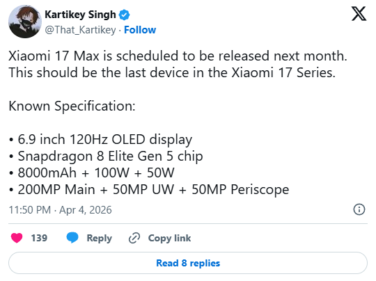 Xiaomi 17 Max leaks
