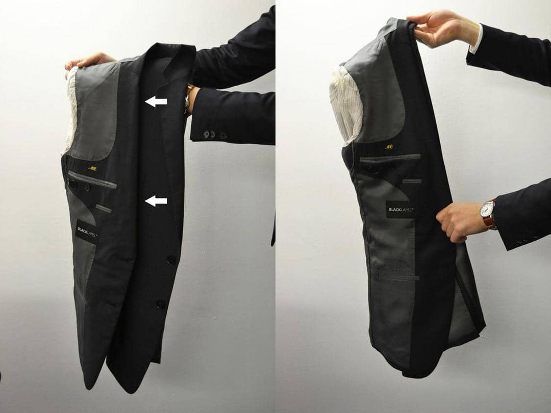 1. Angkat dan balik setelan blazer atau jas, 2. Lipat bagian bahu, 3. Lipat setengah bagian, 4. Done!