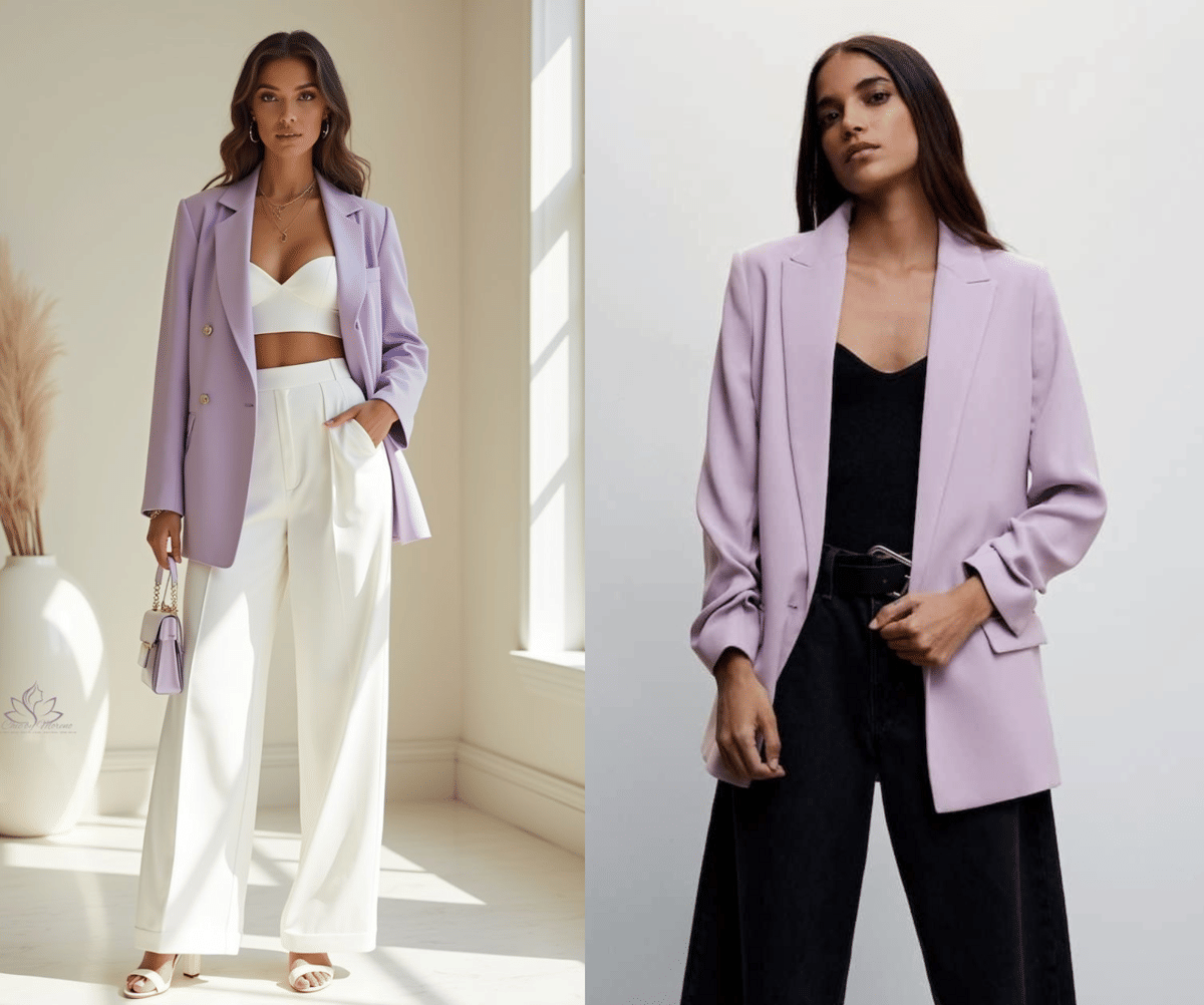 pinterest.com, 1. Blazer Lilac dan Kombinasi Serba Netral, 2. Gaya Monokrom Pakai Blazer Lilac, 3. Gaya Kasual yang Keren Pakai Blazer Lilac dan Jeans, 4. Kombinasi Blazer Lilac dan Bawahan yang Kontras  , 5. Gaya Effortless Pakai Blazer Putih dan Celana Pendek