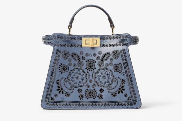 rekomendasi handbag Fendi, 1. Peekaboo ISeeU Small Blue Leather Bag with Laser-Cut Coral Bandana Motif, 2. Peekaboo ISeeU Petite Multicolour Woven Leather and Suede Bag, 3. Fendi Spy Small Pink Leather Bag, 4. Fendi Vanity Mini Bag , 5. Fendi Mini Roll Bag