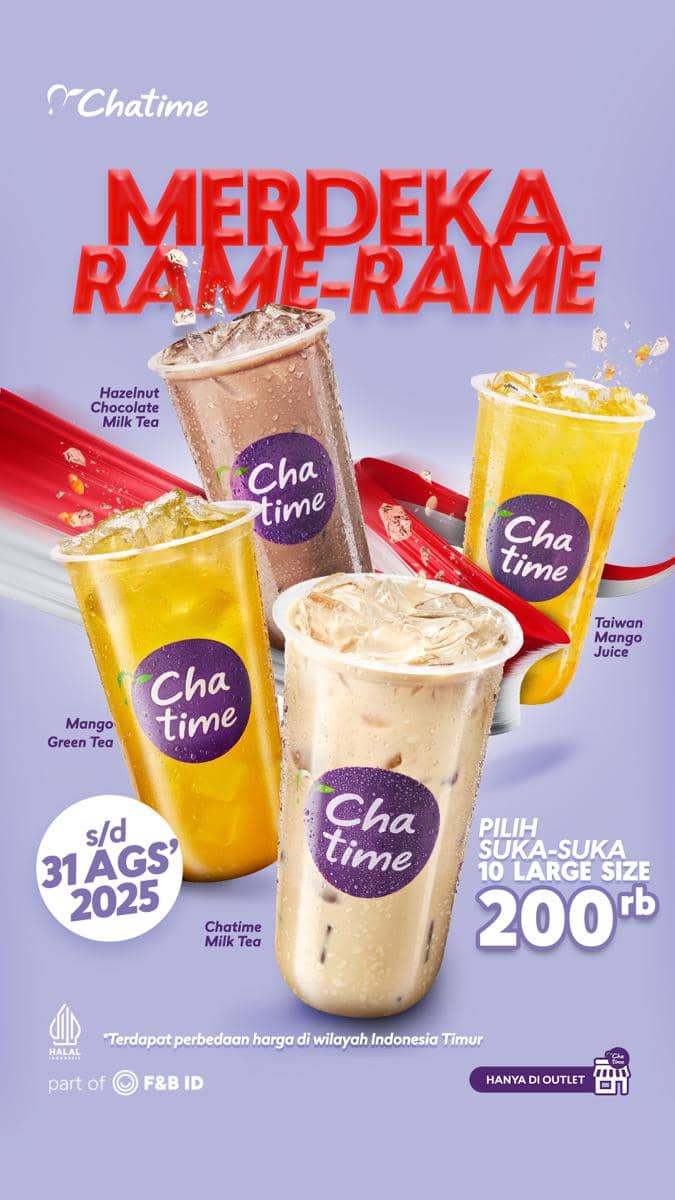 Promo edisi kemerdekaan dari Chatime. (instagram.com/chatimeindo), 1. Bakmi GM, 2. Baskin Robbins, 3. Baso Malang Karapitan, 4. Boost Juice, 5. Chatime, 6. Dapur Solo Resto and Lunch Box, 7. Gokana Ramen & Teppan, 8. Ichiban Sushi, 9. Pizza Hut, 10. Platinum Resto & Cafe, 11. Raa Cha Suki & BBQ, 12. Roti'O, 13. Street Boba, 14. The Coffee Bean, 15. Tous Les Jours, 16. Wendy's, 17. Wingstop