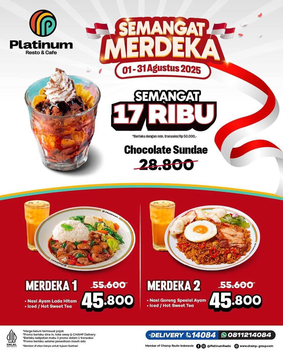 Promo edisi kemerdekaan dari Platinum Resto. (instagram.com/platinumresto), 1. Bakmi GM, 2. Baskin Robbins, 3. Baso Malang Karapitan, 4. Boost Juice, 5. Chatime, 6. Dapur Solo Resto and Lunch Box, 7. Gokana Ramen & Teppan, 8. Ichiban Sushi, 9. Pizza Hut, 10. Platinum Resto & Cafe, 11. Raa Cha Suki & BBQ, 12. Roti'O, 13. Street Boba, 14. The Coffee Bean, 15. Tous Les Jours, 16. Wendy's, 17. Wingstop